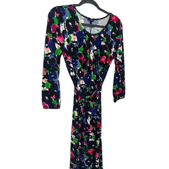 Talbots Dress Black Impressionist Floral Print Long Sleeve Belted Stretch Small - Picture 2 of 9